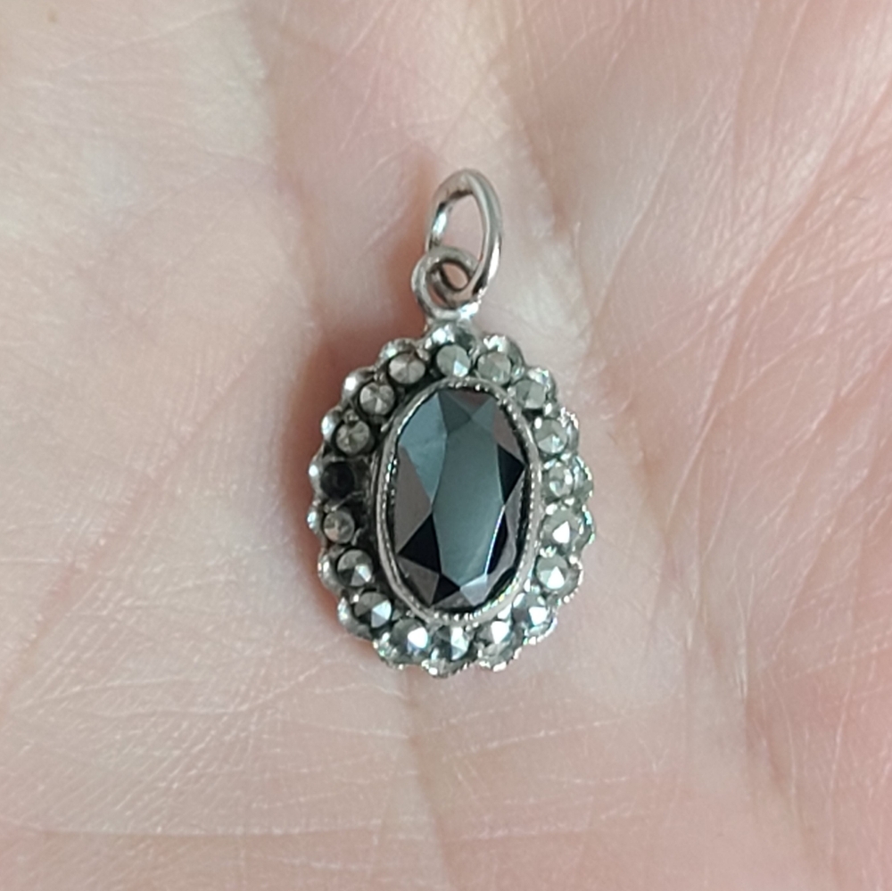 Vintage BIRKS Boho Oval Hematite Marcasite Crystal Halo Sterling Silver Pendant